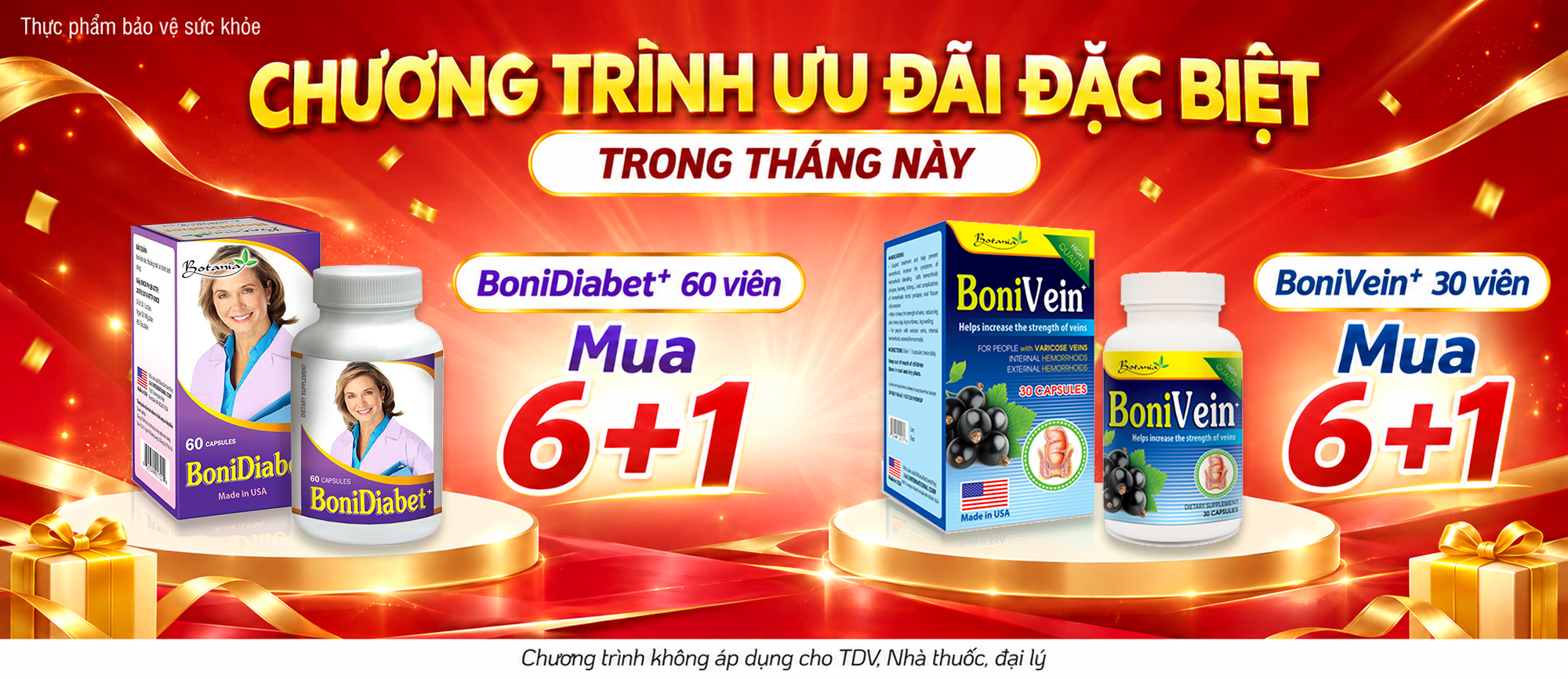 Ưu đãi trong tháng này: BoniDiabet+ 60 viên và BoniVein+ 30 viên, mua 6+1